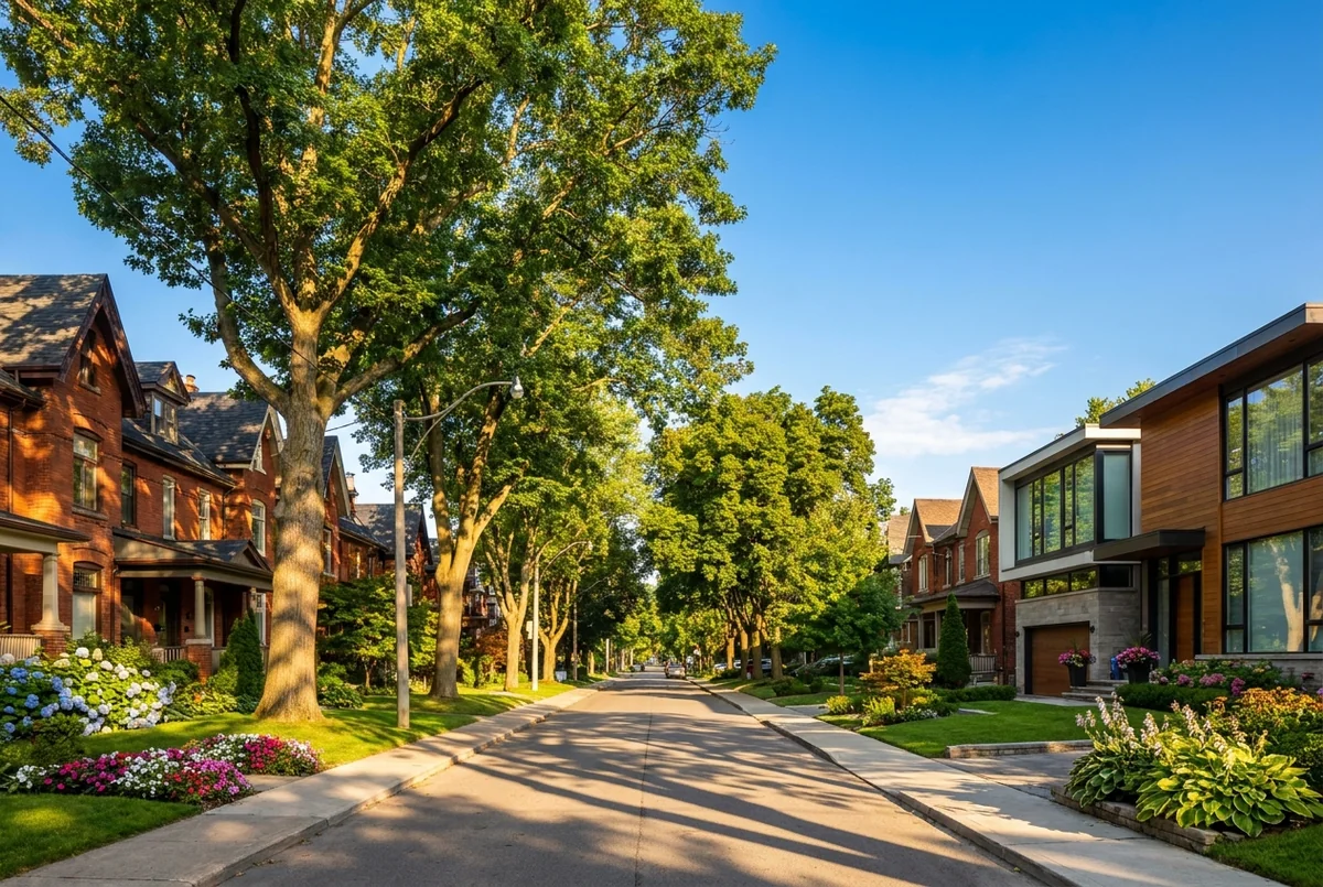 Modern brick and glass homes on a sunny tree-lined Toronto street