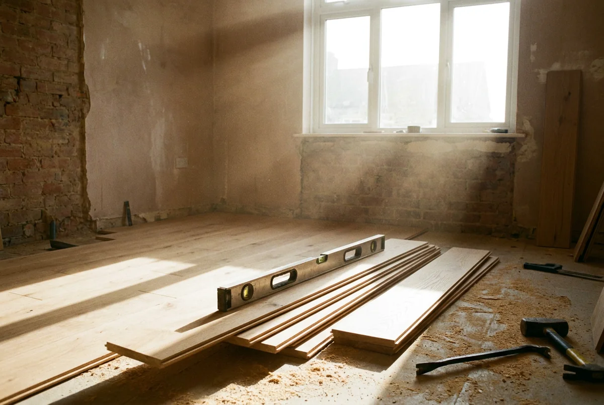 Fresh white oak flooring and a level tool in bright morning sunlight
