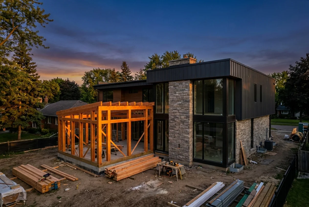 Modern custom home under construction at golden hour