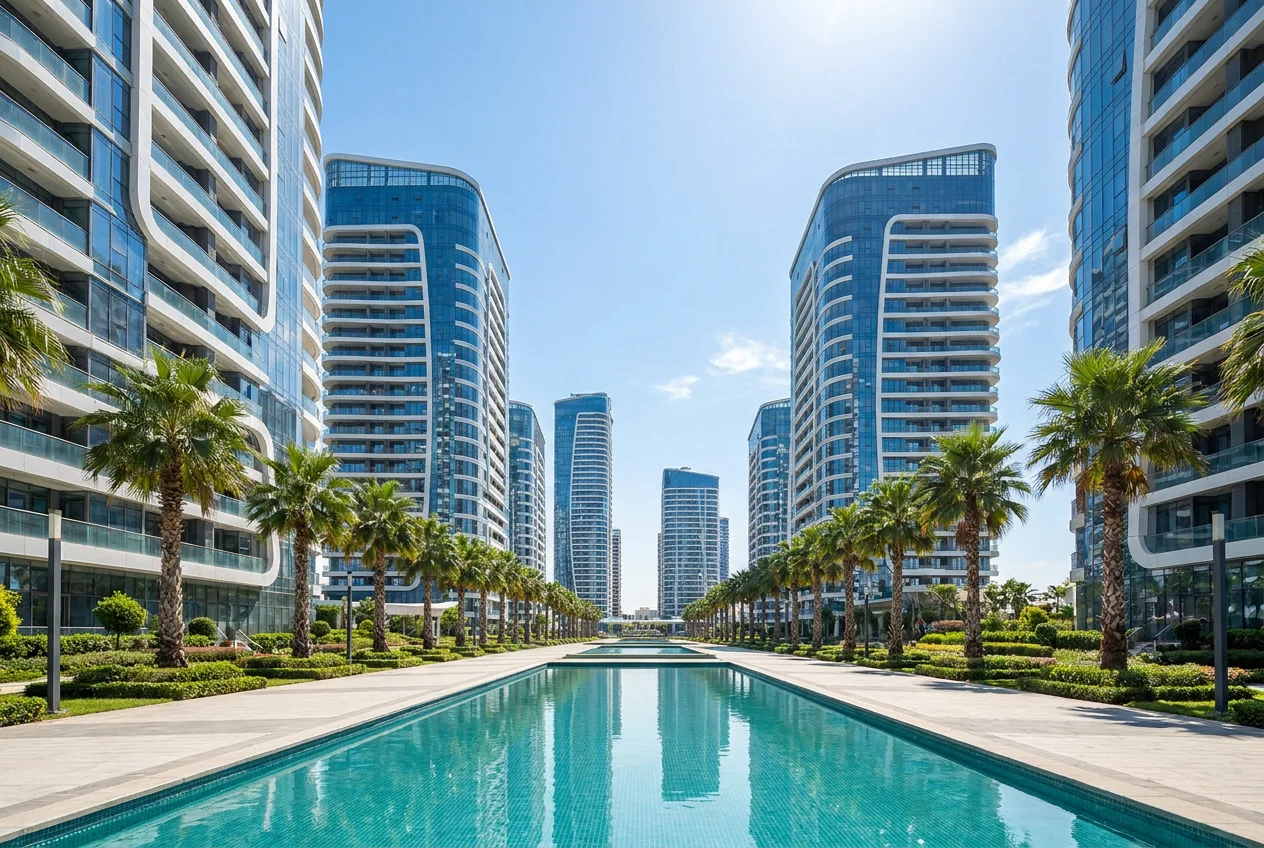 Gleaming new towers along a palm-lined boulevard in Dubai